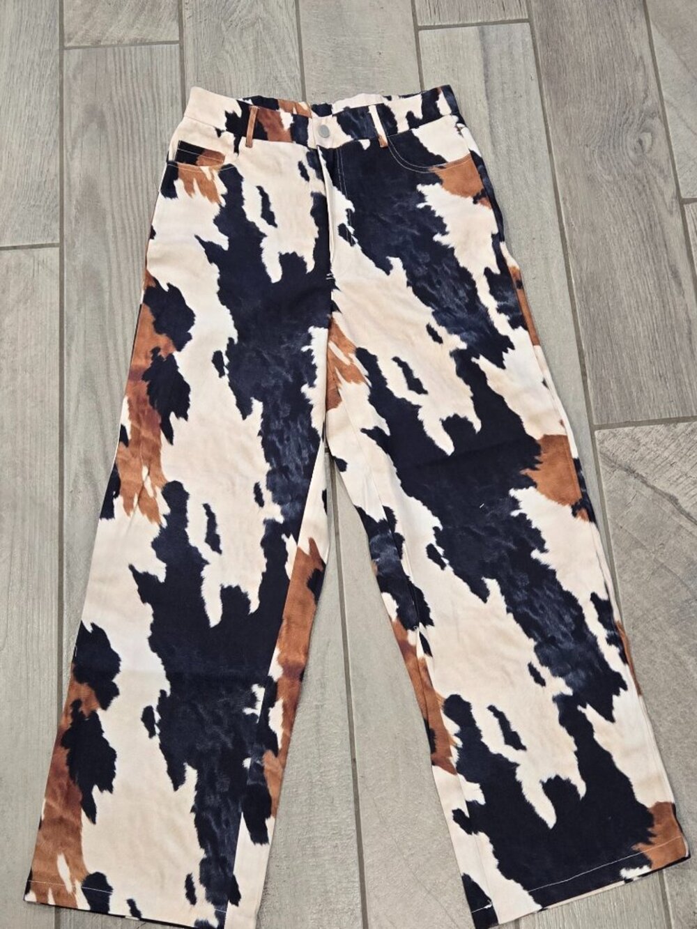 SHEIN Women’s Cow‑Print Wide‑Leg Pants – Brown/Black/White – Size - L